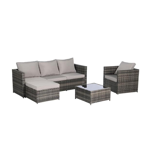 Tenleaf 3-Piece Wicker Patio Conversation Set with Light Gray Cushions, Detachable Lounger and Coffee Table