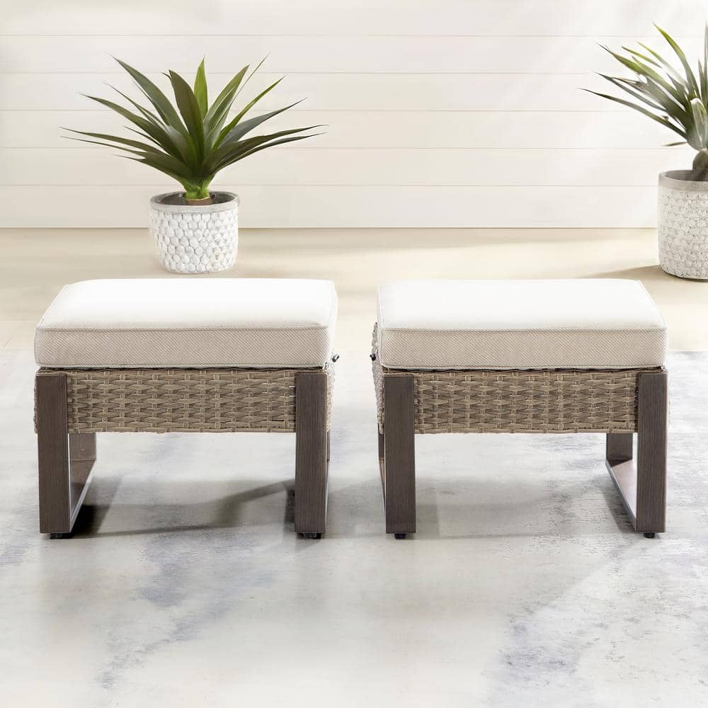 Wicker Outdoor Ottoman with Steel Frame and Beige Cushions (2-Pack)