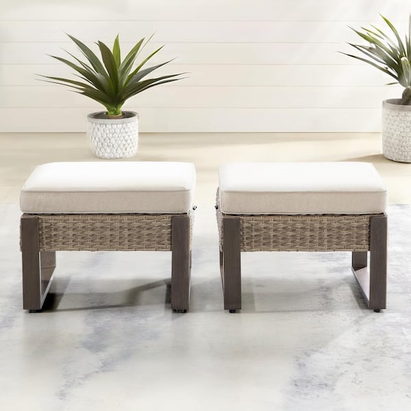Wicker Outdoor Ottoman with Steel Frame and Beige Cushions (2-Pack)