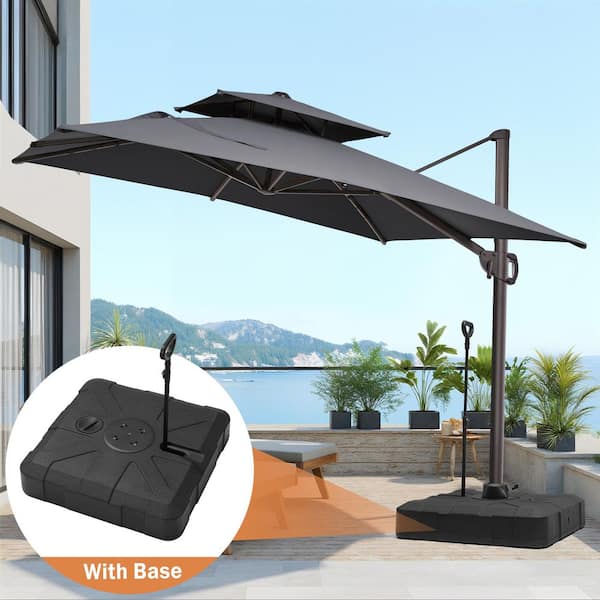Double Top 11 ft. x 9 ft. Aluminum 360° Rotation Cantilever Patio Umbrella in Gray with 300 lbs. Wheeled, Pull Rod Base