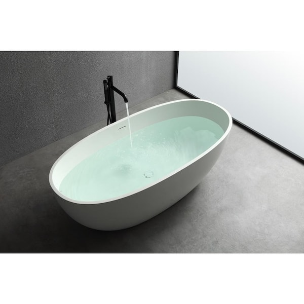 65 in. Stone Resin Flatbottom Solid Surface Freestanding Not Whirlpool Soaking Bathtub in White with Drain