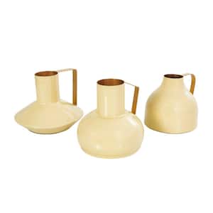 Yellow Enameled Metal Abstract Decorative Vase with Varying Shapes and Geometric Gold Handles (Set of 3)