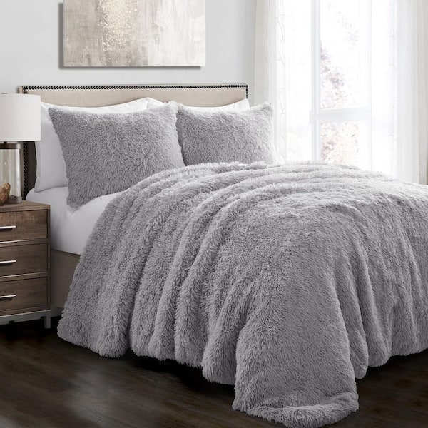 Emma Faux Fur 3 Pieces Light Gray Solid Microfiber Full/Queen Comforter Set