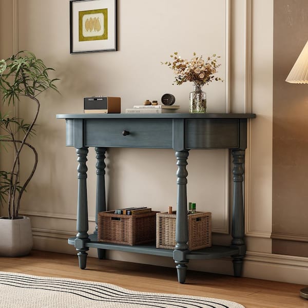 Harper & Bright Designs 36 in. Navy Curved Corners(Specialty) Wood Console Table with Carved Turned Legs, Open Shelves and Top Drawer