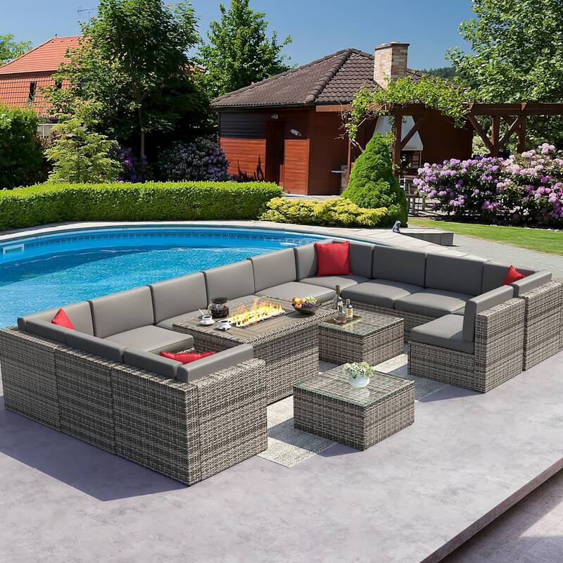 15-Piece Wicker Patio Conversation Set with Gray Cushions Patio Fire Pit