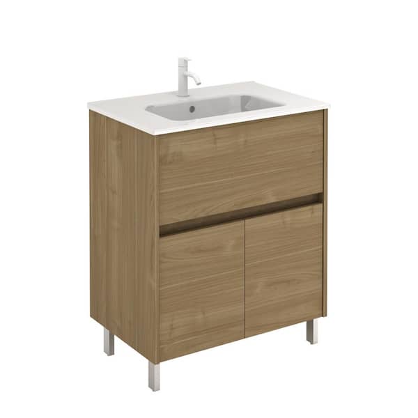 null Band 28 in. W x 18 in. D Bath Vanity One Drawer and Two Doors in Toffee Walnut with Vanity Top in White with White Basin