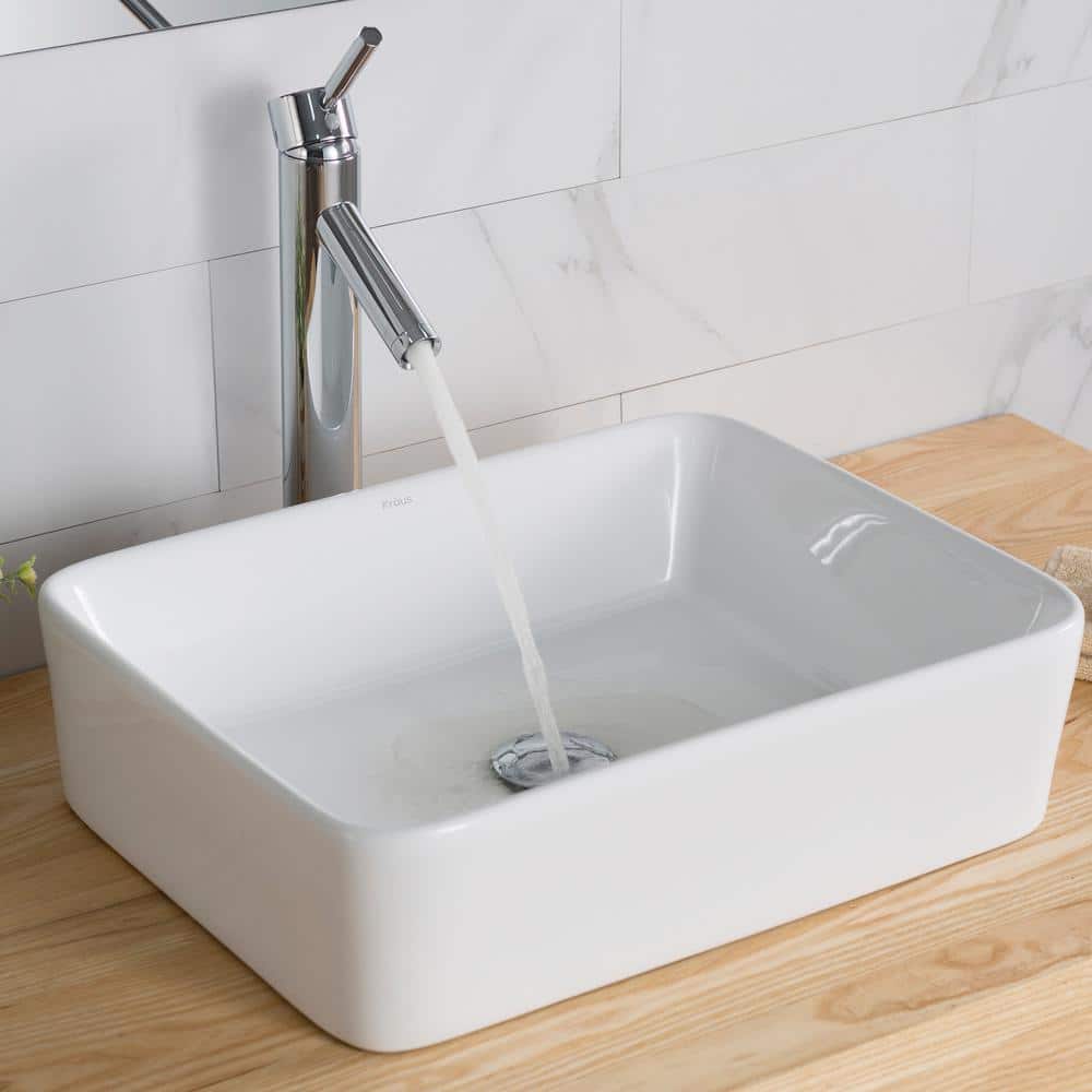 White Ceramic Rectangular Vessel Bathroom Sink