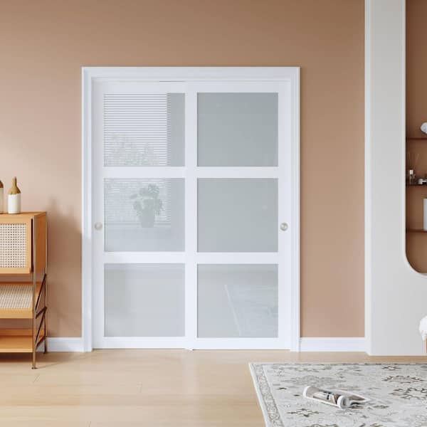 56 in. x 80 in. 3-Lites Frosted Glass Preassembled White MDF Sliding Door with Bypass Hardware Kit