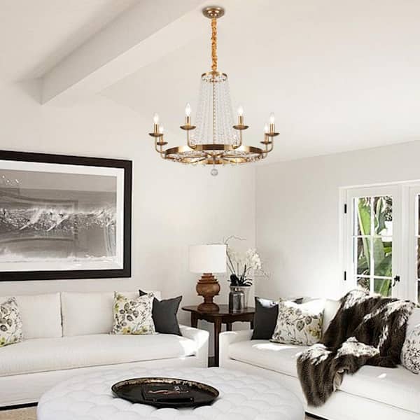 8-Light Gold Candle Design Wagon Wheel Chandelier Crystal Linear Lighting Fixture for Kitchen Island