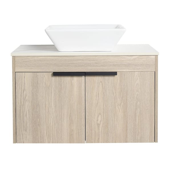 Boosicavelly 29.53 in. W x 18.9 in. D x 18.3 in. H Single Sink Wall Mounted Bath Vanity in White Oak with White Sintered Stone Top