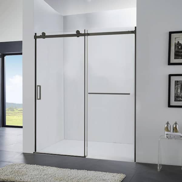 60 in. W x 72 in. H Sliding Framed Shower Door in Matte Black with Temper Glass