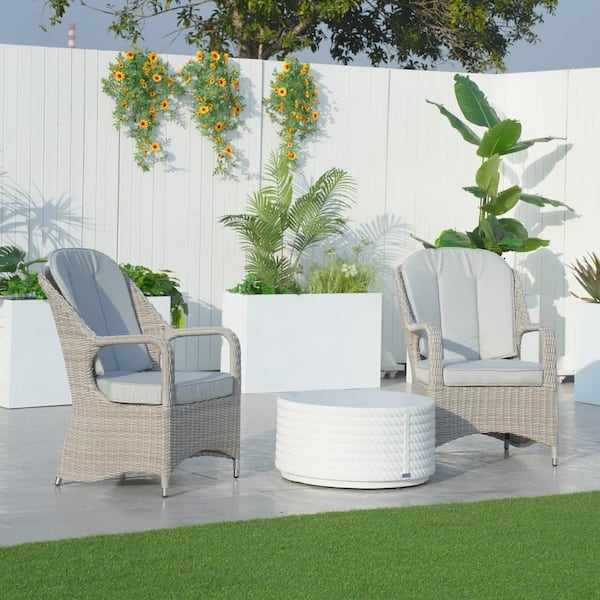 DIRECT WICKER Sugar Grey Semicircle Wicker Outdoor Dining Chair with Concrete Round Side Table (3-Pack)