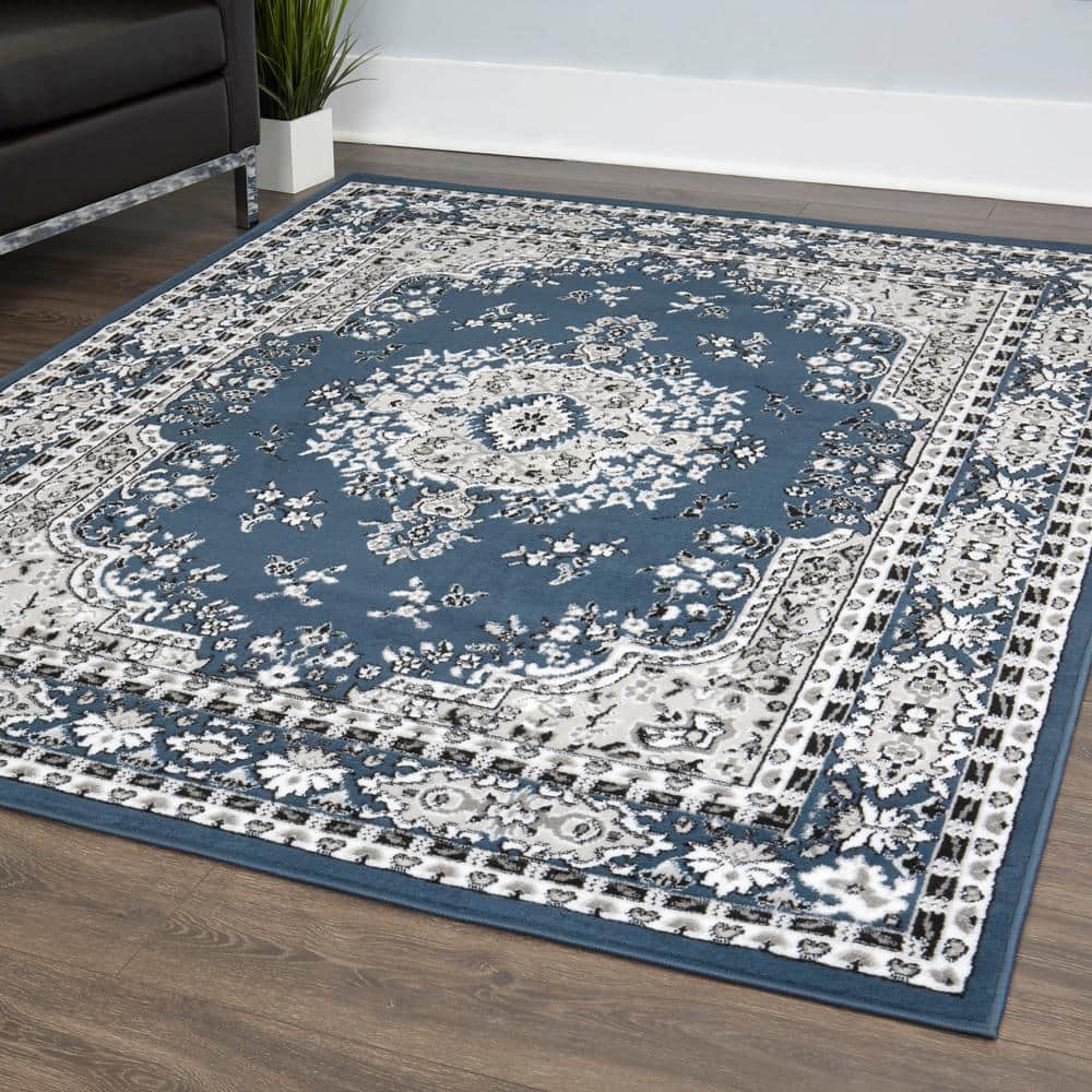 Midnight Blue and Ivory Synthetic Medallion Area Rug