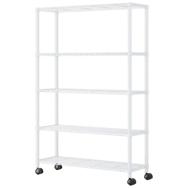 5-Layer Adjustable Shelf Iron Shelving Unit with 1.5" Nylon Wheels for Home Use 35.43*13.78*64.96in White