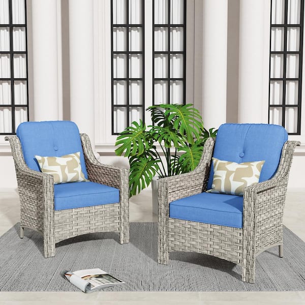 Eureka Gray Modern Wicker Outdoor Lounge Chair Seating Set with Blue Cushions (2-Pack)