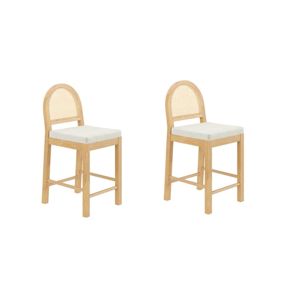 Light Oak and Rattan Counter Height Bar Stools with Boucle Seats, Set of 2