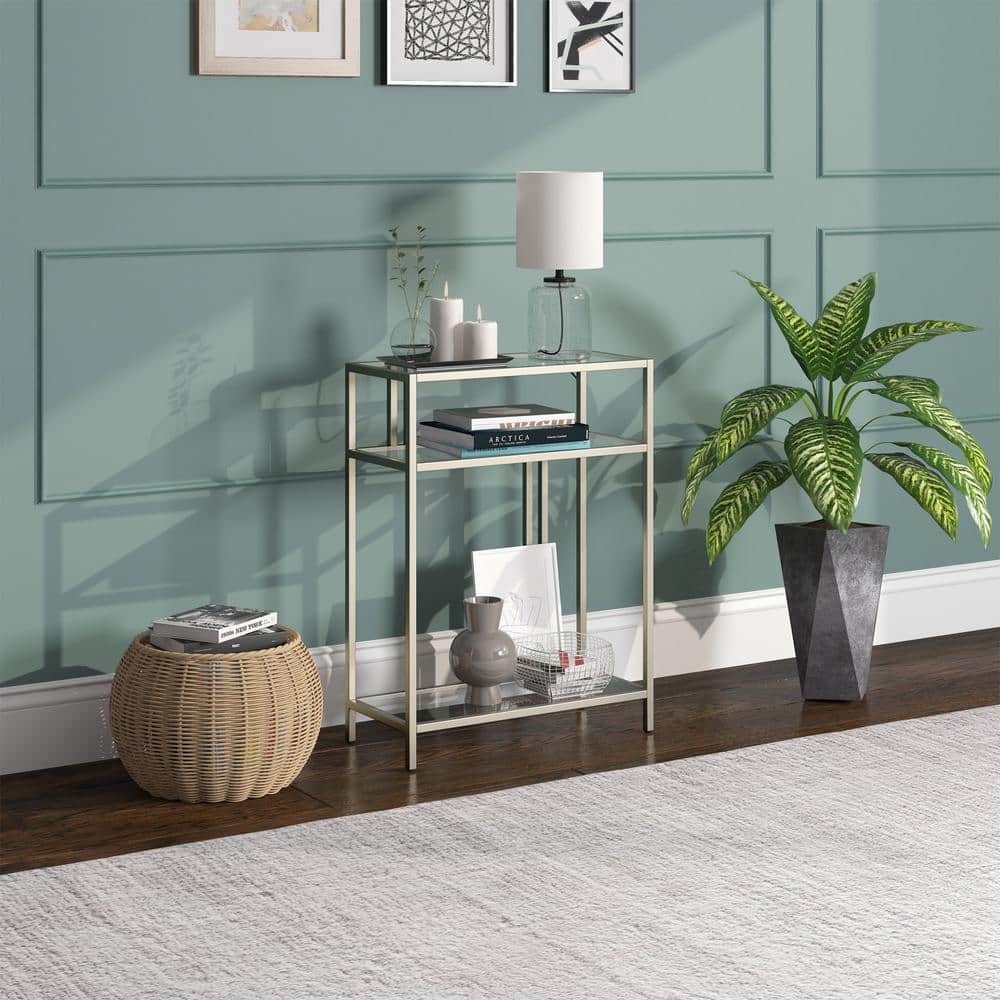 Cortland Compact Satin Nickel Console Table with Tempered Glass Shelves