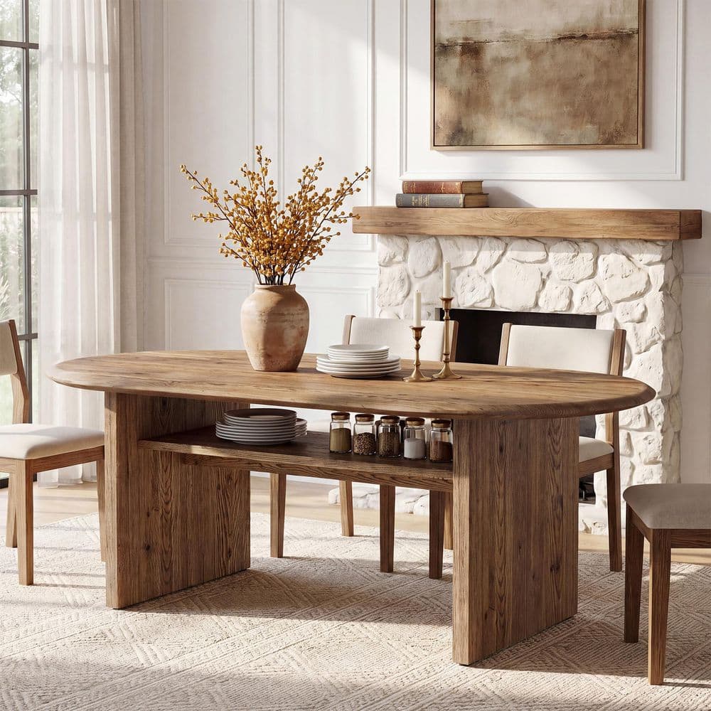 Roesler Brown Solid Wood 63 in. Oval Pedestal Base Dining Table Kitchen Table with Storage Seats 6 for Dining Room