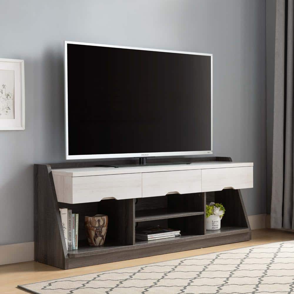 HomeRoots White Oak And Distressed Grey TV Stand Fits TV's up to 60 in ...