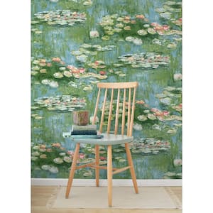 30.75 sq. ft. Olive & Sky Blue Lily Pond Vinyl Peel and Stick Wallpaper Roll