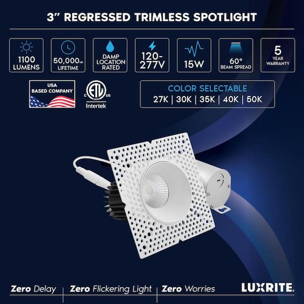 3 in. Integrated LED Trimless Recessed Light, 15W, 1100LM, 5CCT, 60° Beam Angle, Dimmable, CRI 90, IC Rated, ETL White