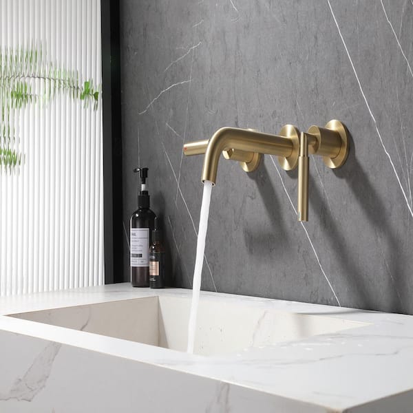 Double Handle 3-Hole Wall Mounted Faucet for Bathroom Sink or Bathtub in Brushed Gold with Pop-Up Drain
