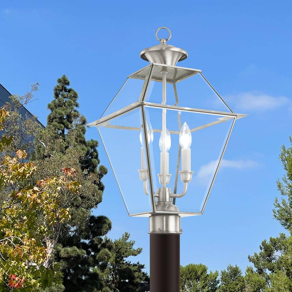 Charleston Inspired Brushed Nickel 3-Light Outdoor Post Lantern
