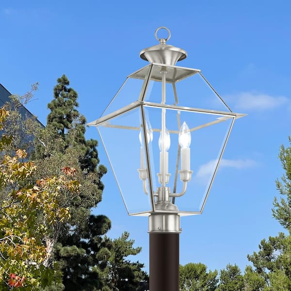 Ainsworth 22 in. 3-Light Brushed Nickel Cast Brass Hardwired Outdoor Rust Resistant Post Light with No Bulbs Included