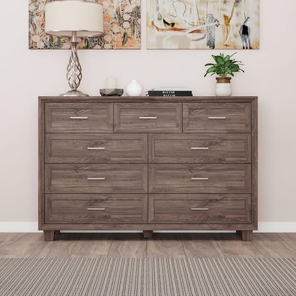 Rustic Brown 9-Drawer 60 in. Wide Chest of Drawers with Anti-Tip Hardware and Sturdy Wooden Frame