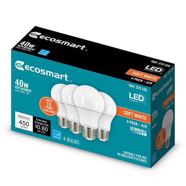 40-Watt Equivalent A19 Dimmable LED Light Bulb Soft White (4-Pack)