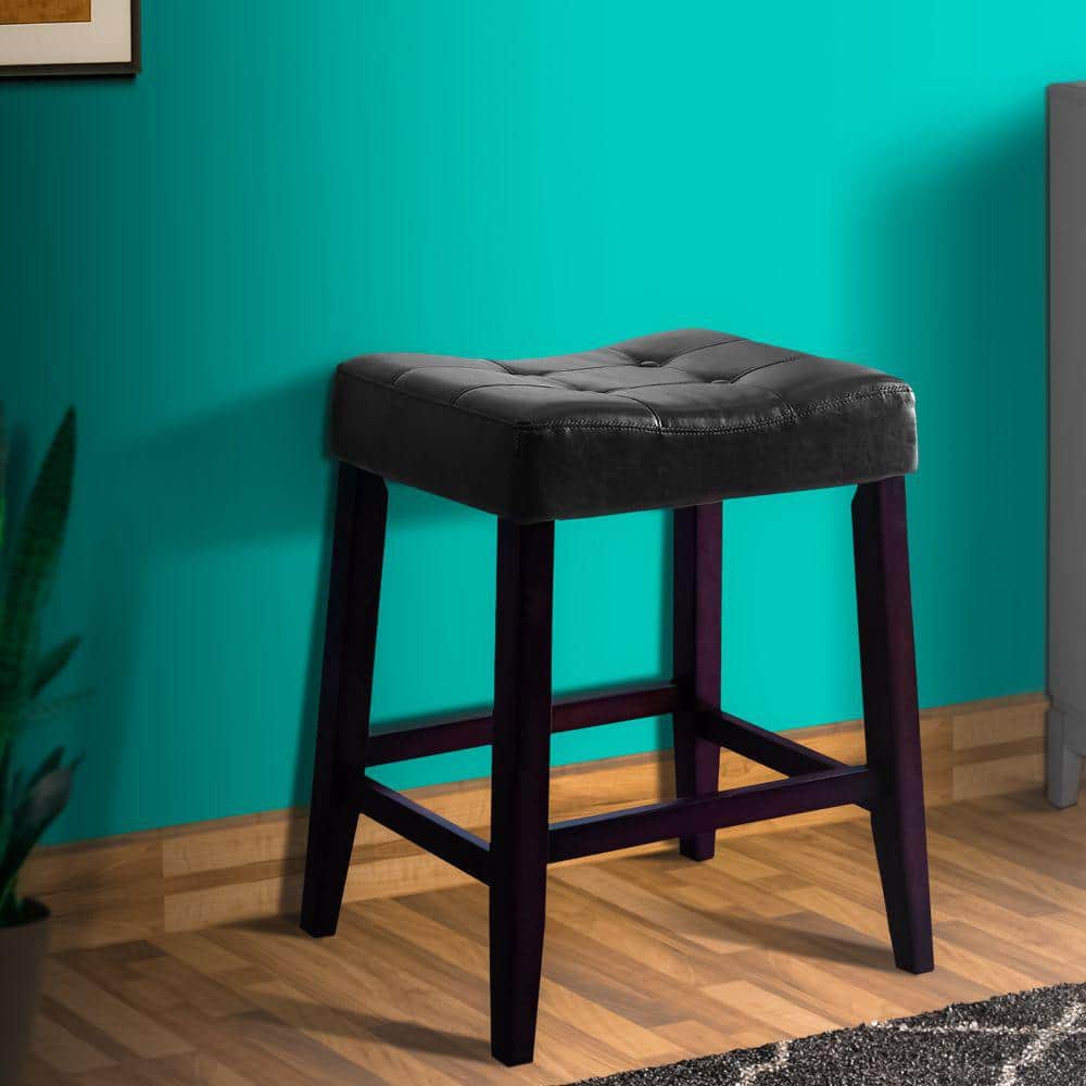 Black and Brown Button Tufted Saddle Seat Wooden Stools, Set of 2