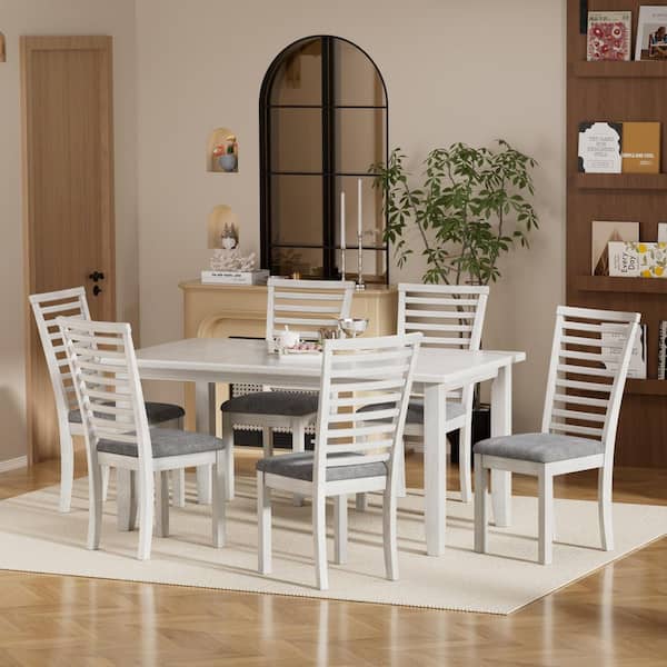 7-Piece Gray Dining Table Set, Solid Wood Farmhouse Dining Room Table and Upholstered Chairs, Kitchen Table Set for 6
