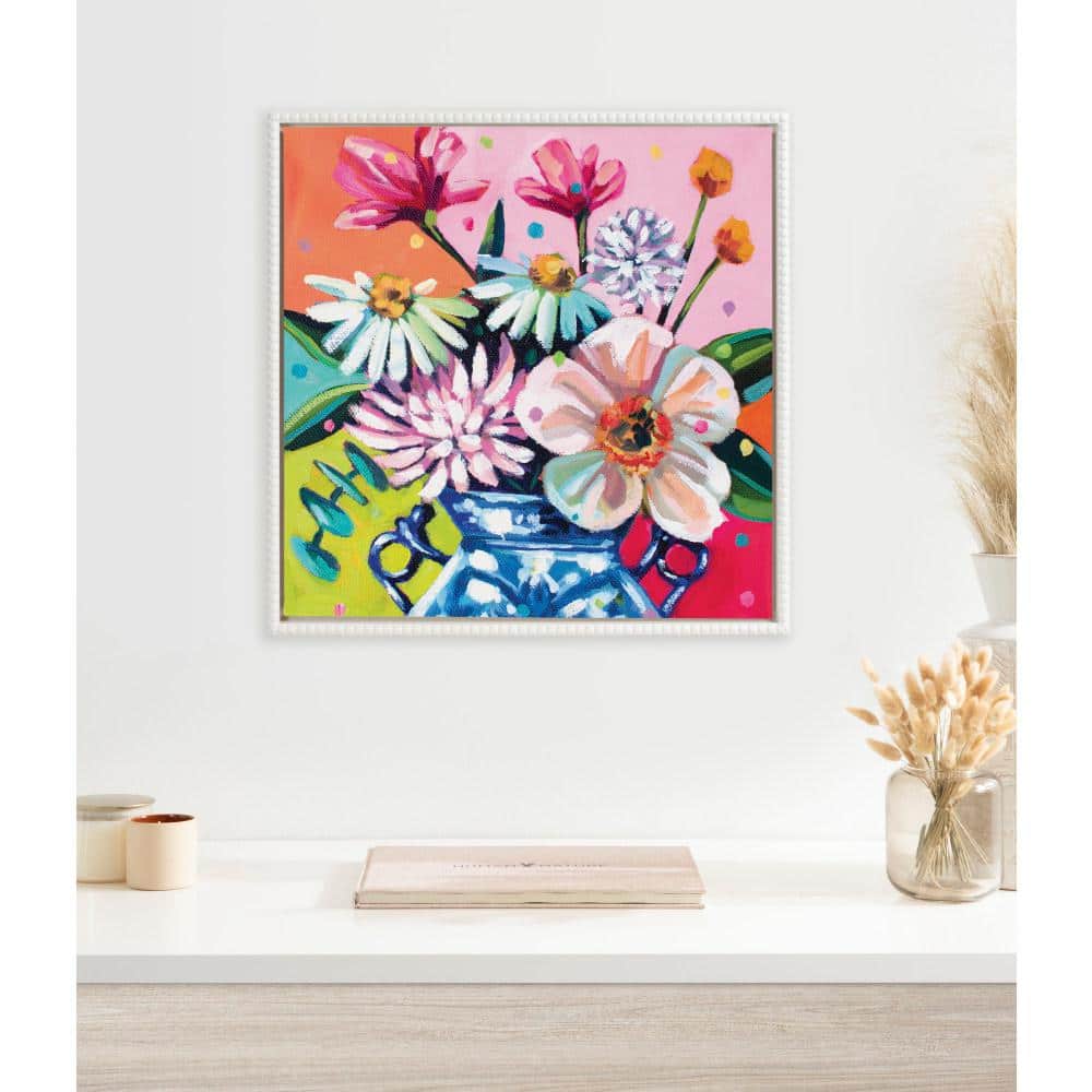 22"x22" White Beaded Frame Colorful Flower Vase Canvas Print