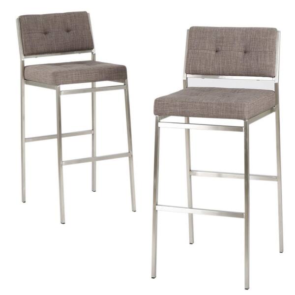 Noble House Qyto 30 in. Light Grey Tufted Fabric Bar Stools (Set of 2)