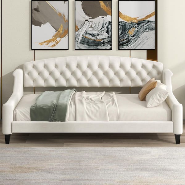 Beige Twin Size Upholstered Daybed with Tufted Button