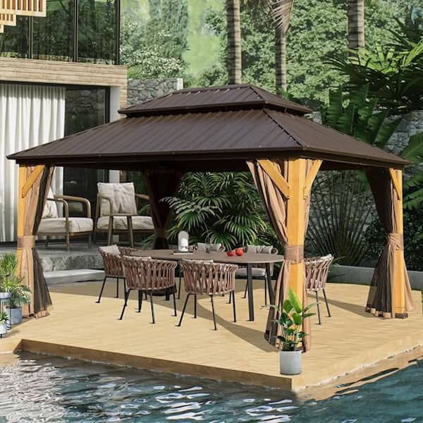 Sandgo 14 ft. x 10 ft. Hardtop Cedar Wood Frame Gazebo in Brown with Double Galvanized Steel Roofs and Mosquito Net