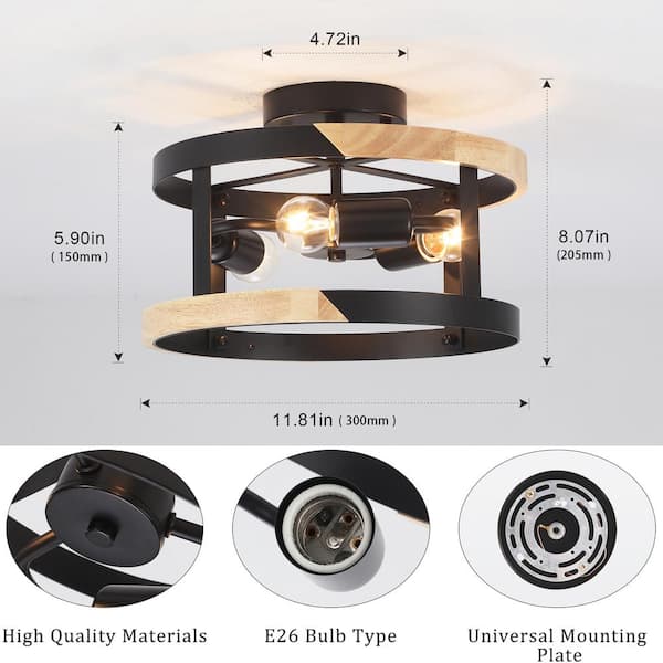 LWYTJO 11.81 in. 3-Light Black Drum-Shaped Semi Flush Mount