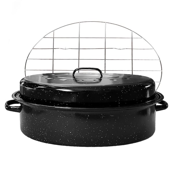 19 qt. Black Enamel Steel Oven-Safe Roasting Pan with Lid and Rack for Turkey and Versatile Cooking 1 Piece