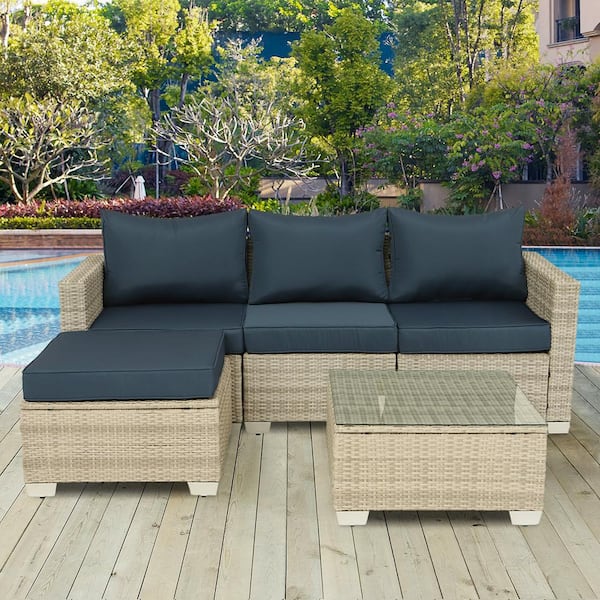 Tenleaf Gray 5-Piece Wicker Outdoor Sectional Set with Dark Blue Cushions and Coffee Table