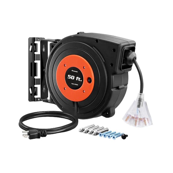 DEWENWILS 50 ft. 14/3 SJTOW 13 Amp Retractable Extension Cord Reel with 3 Grounded Outlets and Lighted Triple Tap
