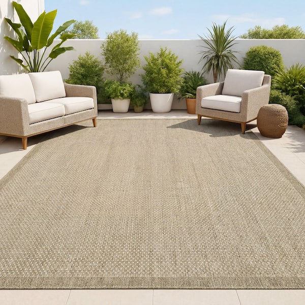 Maxine Easy Jute Contemporary Border Boho Fine Rib Weave Beige 3 ft. x 5 ft. Indoor/Outdoor Area Rug