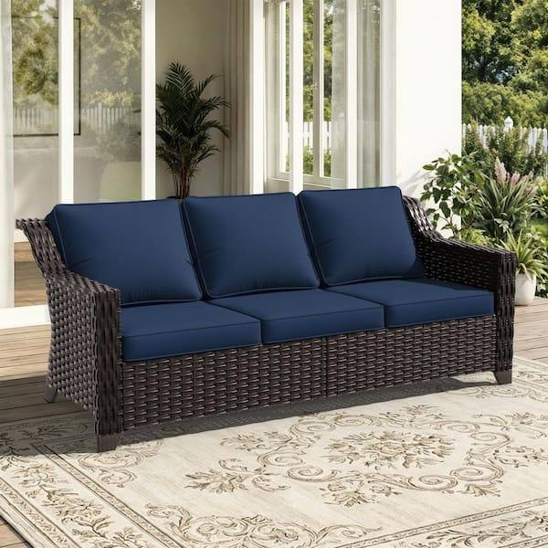 Wicker Outdoor Patio Sectional Sofa with Navy Blue Cushions