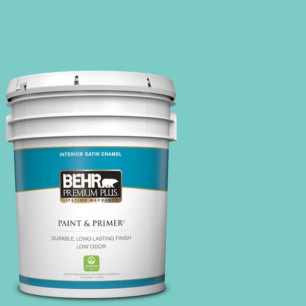 BEHR PREMIUM PLUS 5 gal. #BIC-39 Blue Green Gem Satin Enamel Low Odor Interior Paint & Primer