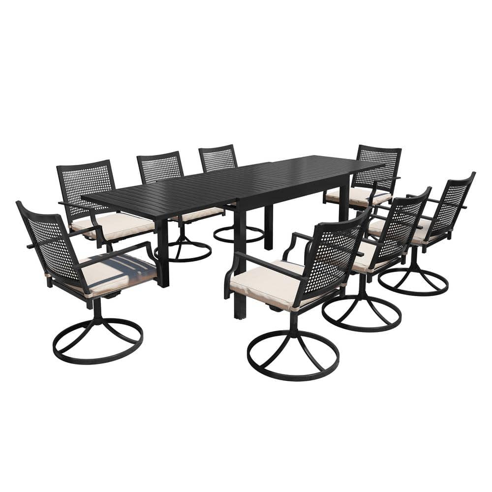 9-Piece Black Metal Patio Outdoor Dining Set with Extendable Table and Swivel Dining Chairs with Cushions