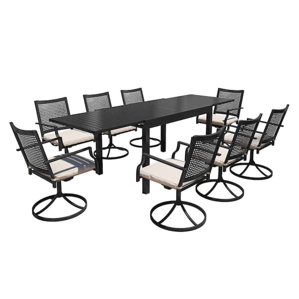 9-Piece Black Metal Patio Outdoor Dining Set with Extendable Table and Swivel Dining Chairs with Cushions