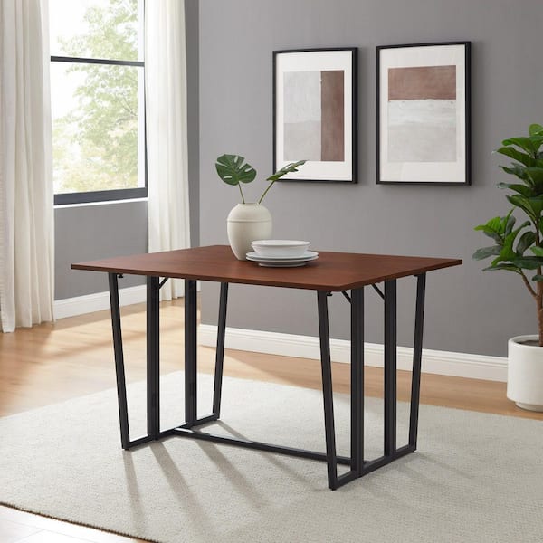 Walker Edison Furniture Company 47 in. Dark Walnut/Black Rectangle Veneer-Top and Metal-Leg Modern Convertible Drop-Leaf Console Table