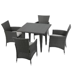 Malta Grey 5-Piece Faux Rattan Square Outdoor Dining Set with Silver Cushions