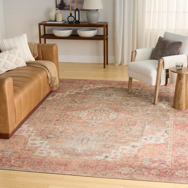 Vintage Washables Coral Taupe 8 ft. x 10 ft. Center Medallion Traditional Area Rug