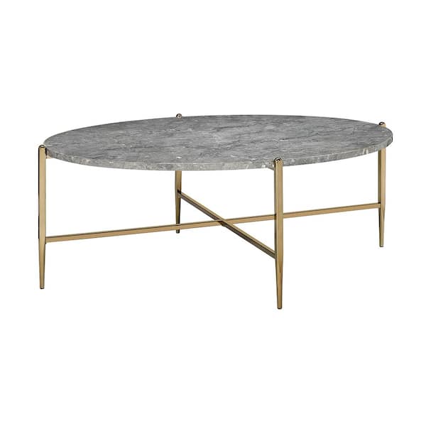 48 in. Tainte Faux Marble and Champagne Finish Oval Marble Coffee Table