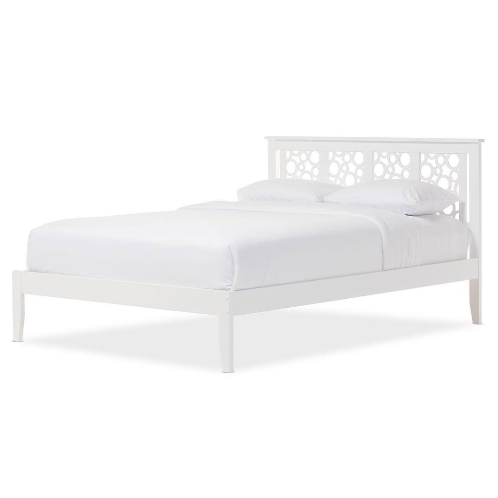 Celine Geometric White Solid Rubberwood Queen Platform Bed with Airy Headboard